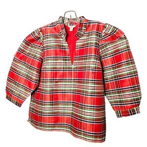 Crown & Ivy Red Plaid Ruffle Neck Puff Sleeves 3/4 Sleeves size PL